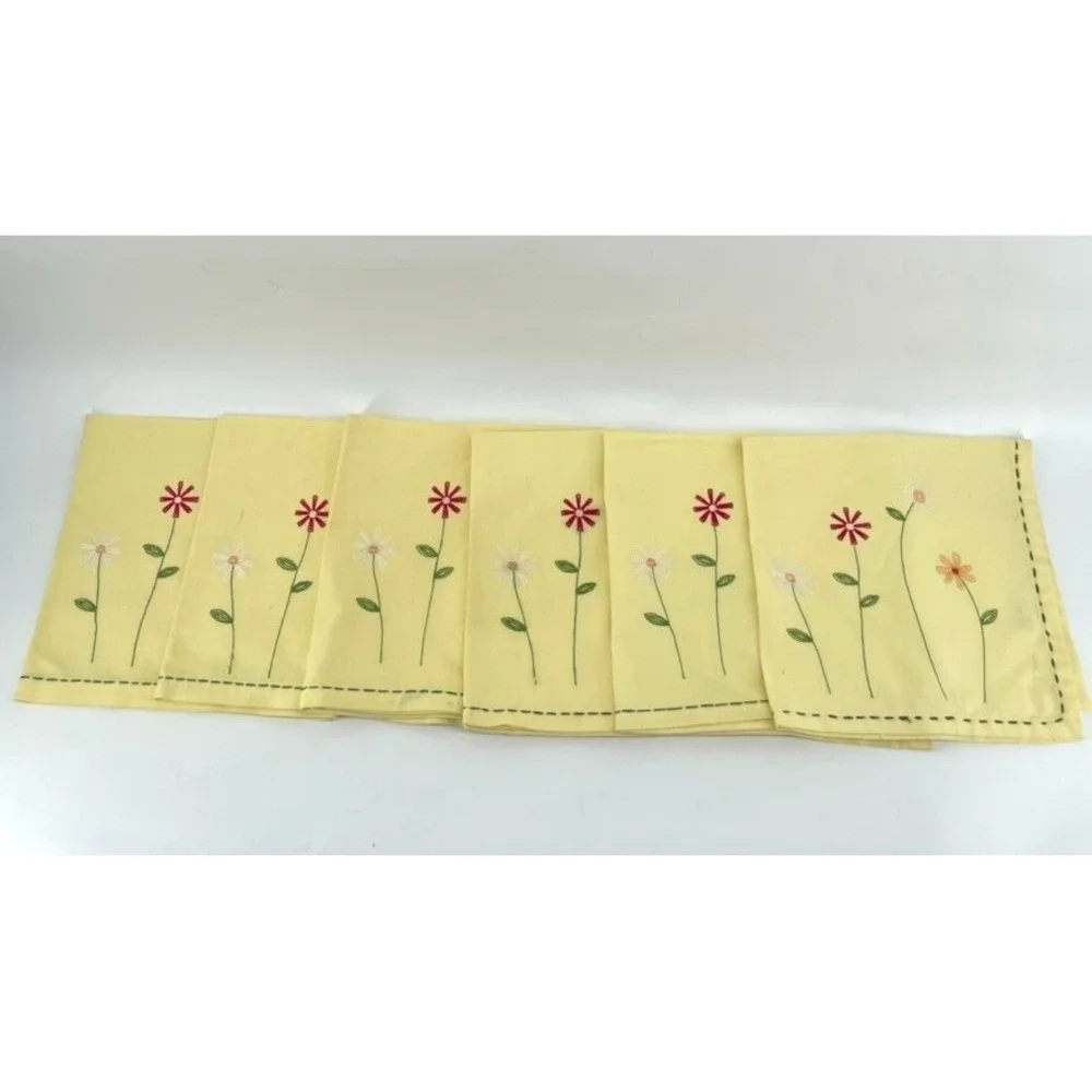 TAG‎ Napkins Cloth Fabric 6 Cotton Embroidered Flowers Yellow Spring Large 20x20